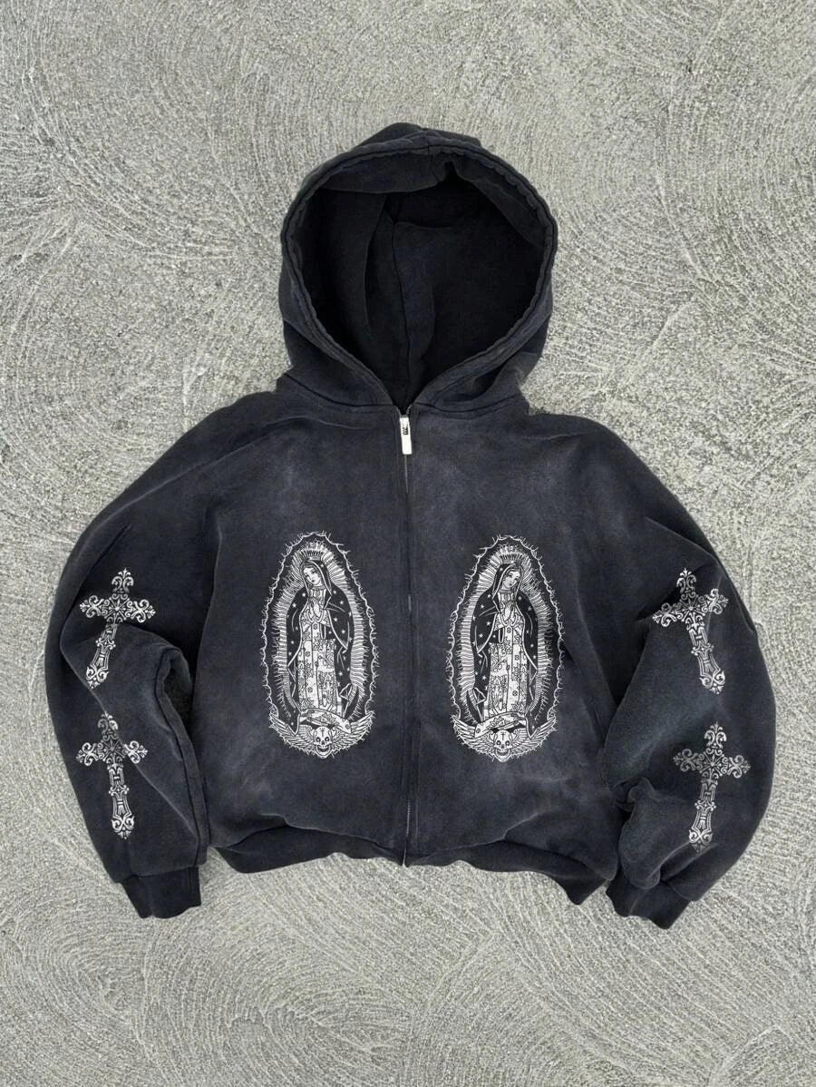 New Y2K American hip-hop retro monogrammed printed hoodie men clothing streetwear Harajuku jacket Gothic casual zip up hoodies