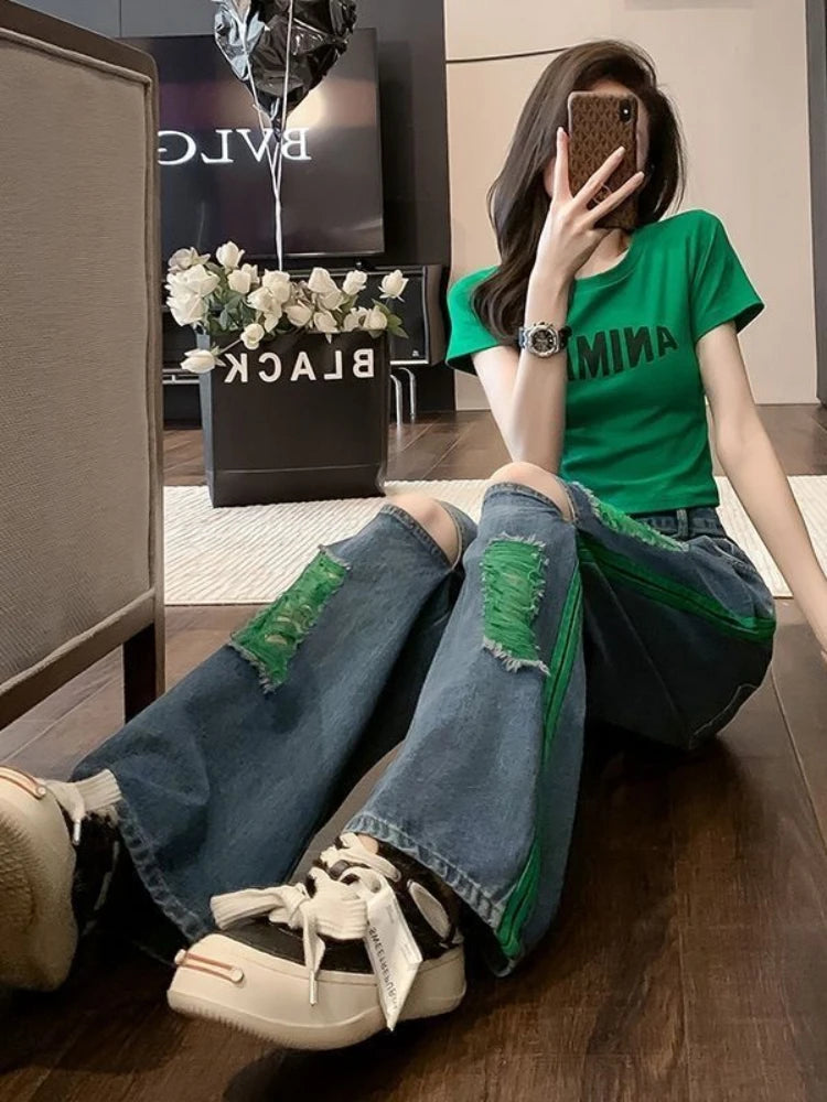 Wide Leg Denim Pants for Women Straight High Waist Shot Trousers Loosefit Fitted 2025 Quality Korean Fashion Woman Ripped Jeans