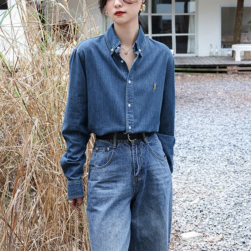 2024 American Style Vintage Denim Shirt Women's Zhengxiu Crystal Same Style Small Horse Embroidery Casual Jacket Shirt