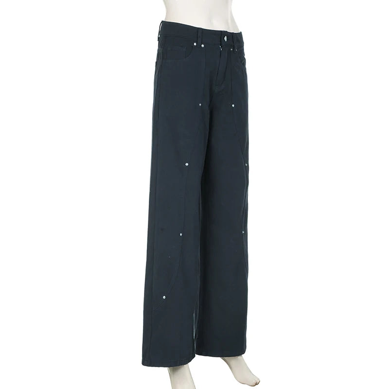 IAMSURE Casual Loose Rivet Jeans Wide Leg Pants Basic Low-Waisted Straight Pants Women 2025 Spring Autumn Streetwear Ladies
