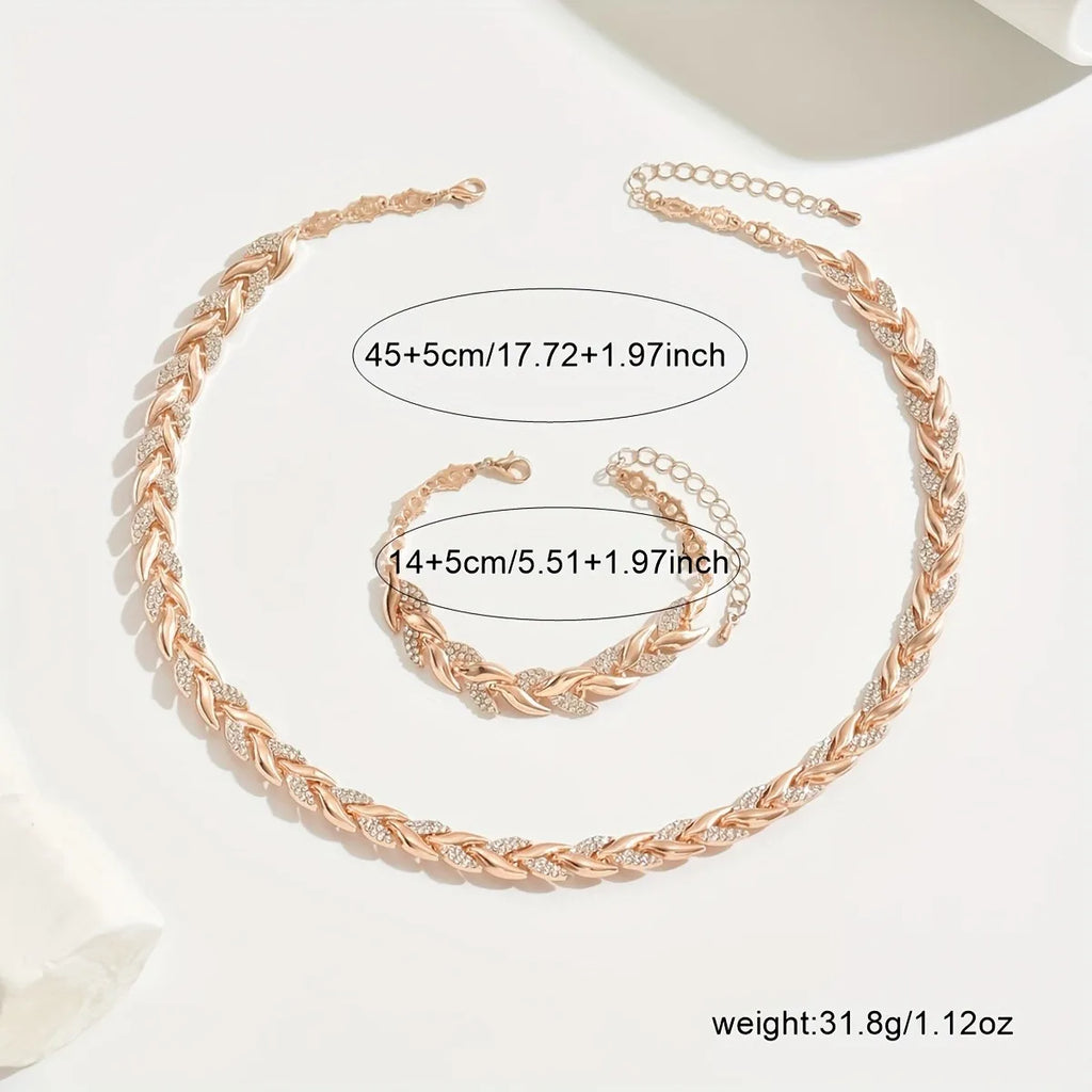 2PCS Elegant Design Glass Rhinestone Chain Fish Tail Necklace with Matching Bracelet for Women Luxury Jewelry Set Fashion Style