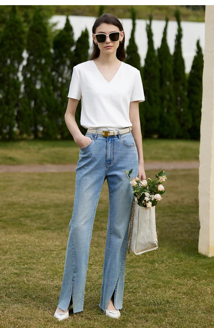 AMII Minimalism 100% Cotton Hollow Out Solid Short Sleeves Tees 2025 Spring New V Neck Top Women Casual Female T Shirt 12342289