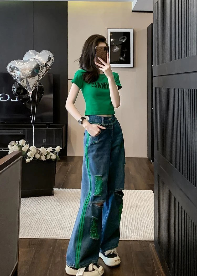 Wide Leg Denim Pants for Women Straight High Waist Shot Trousers Loosefit Fitted 2025 Quality Korean Fashion Woman Ripped Jeans