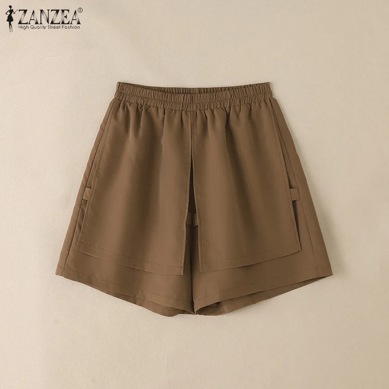 2025 ZANZEA Summer Shorts Women Fashion Casual Elastic Waist Trousers Vintage Holiday Beach Pant Solid Loose Pantalon Plus Size