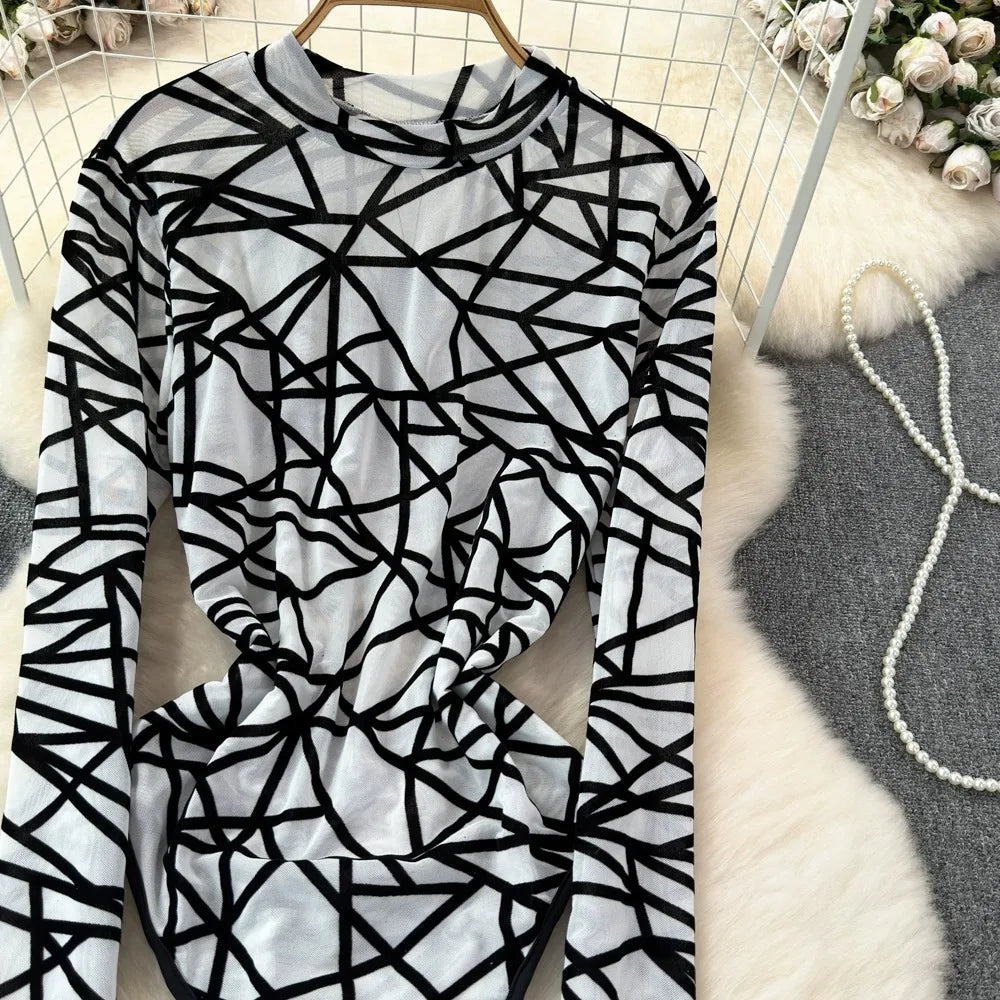 Foamlina Sexy Hollow Out Mesh Bodysuits for Women Fashion Striped Print Stand Collar Long Sleeve Slim Fit Club Party Jumpsuits