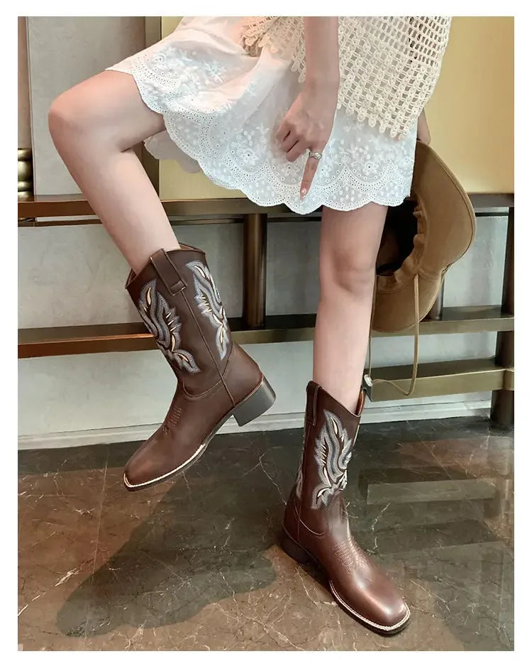 Fall Women Mid-calf Boots 2025 Vintage Leather-covered Brown Western Cowboy Boots Embroidered Chunky Heel Thigh-high Knight Boot