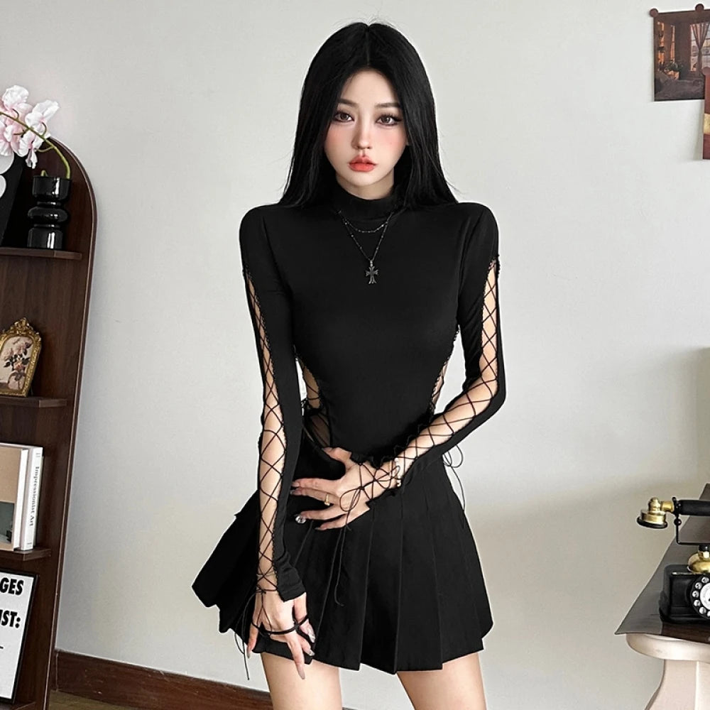 SylCue Irregular Hollow Solid Skinny Bodysuit Women Turtleneck Shirring Full Sleeve Spicy Girl Fashion Trend Classic Streetwear