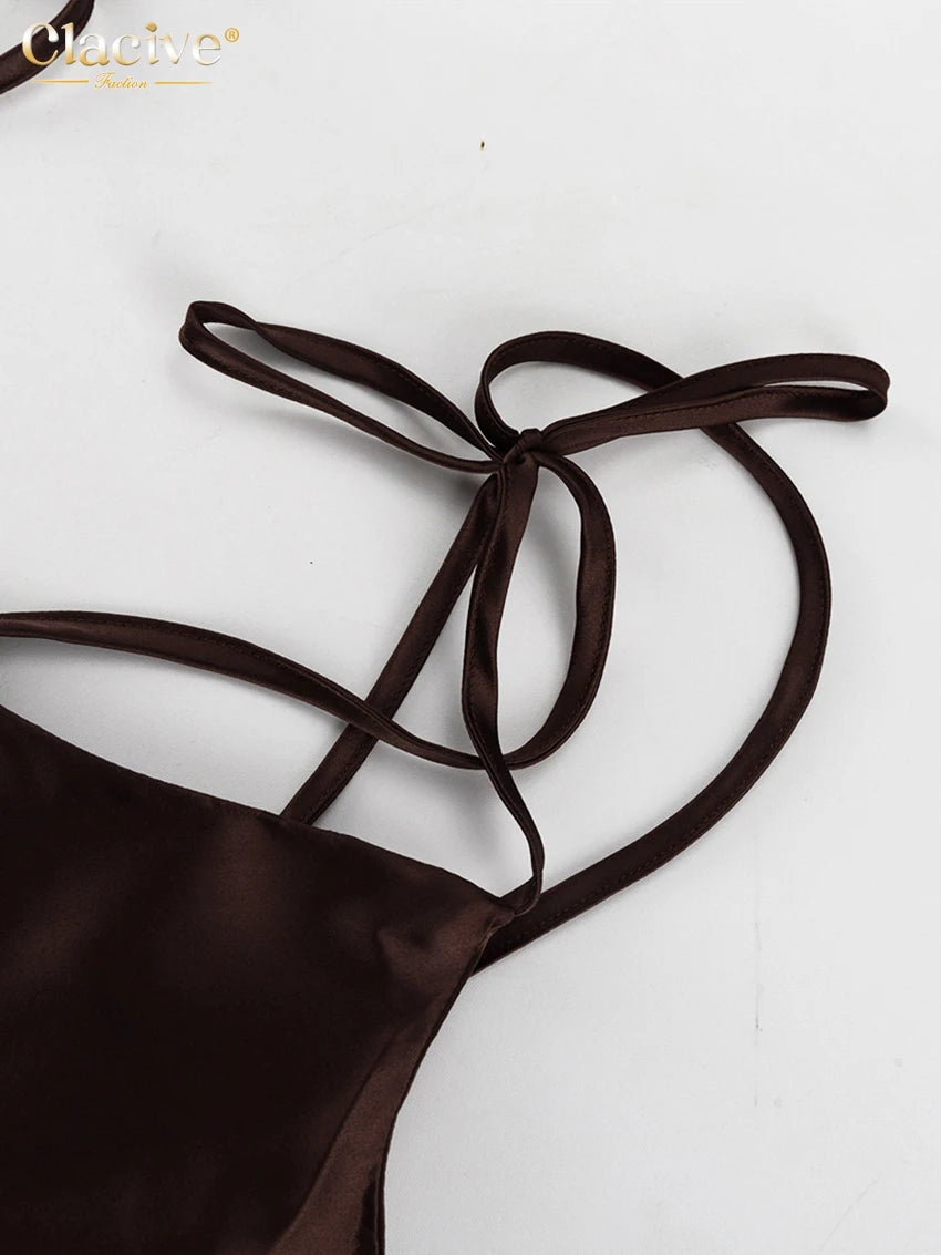 Clacive Fashion Loose Brown Satin Womens Dresses 2025 Summer Strap Sleeveless Floor Length Dress Sexy Backless Female Dress