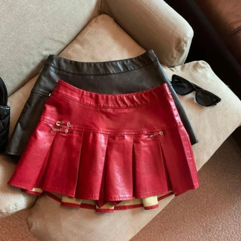 American PU Leather Pleated Skirt Women Slim High-waisted Design Mini Skirt Red Black