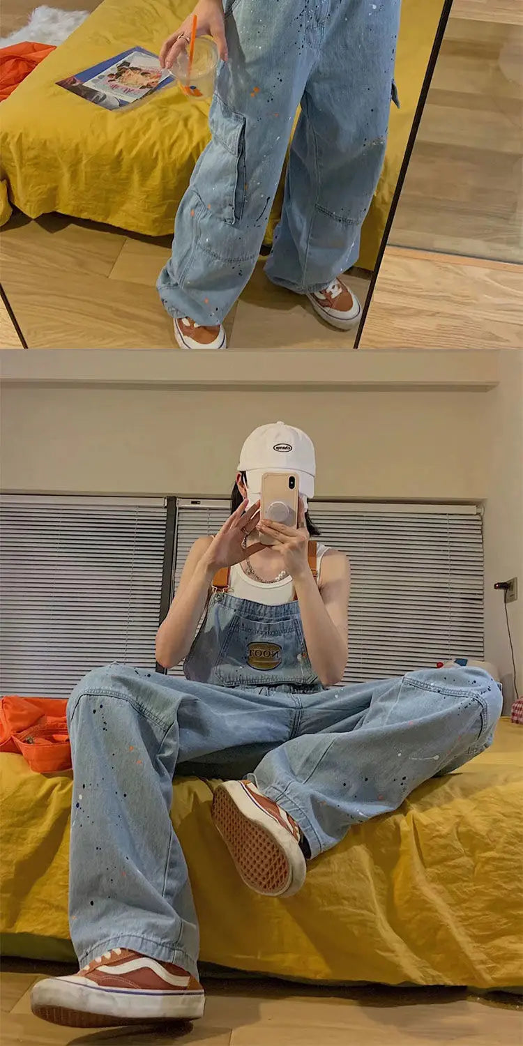 Cool Girl Style Embroidered Spicy Ink Denim Strap Jumpsuits Women's Autumn/Winter Large Loose and Slim Retro One Piece Pants