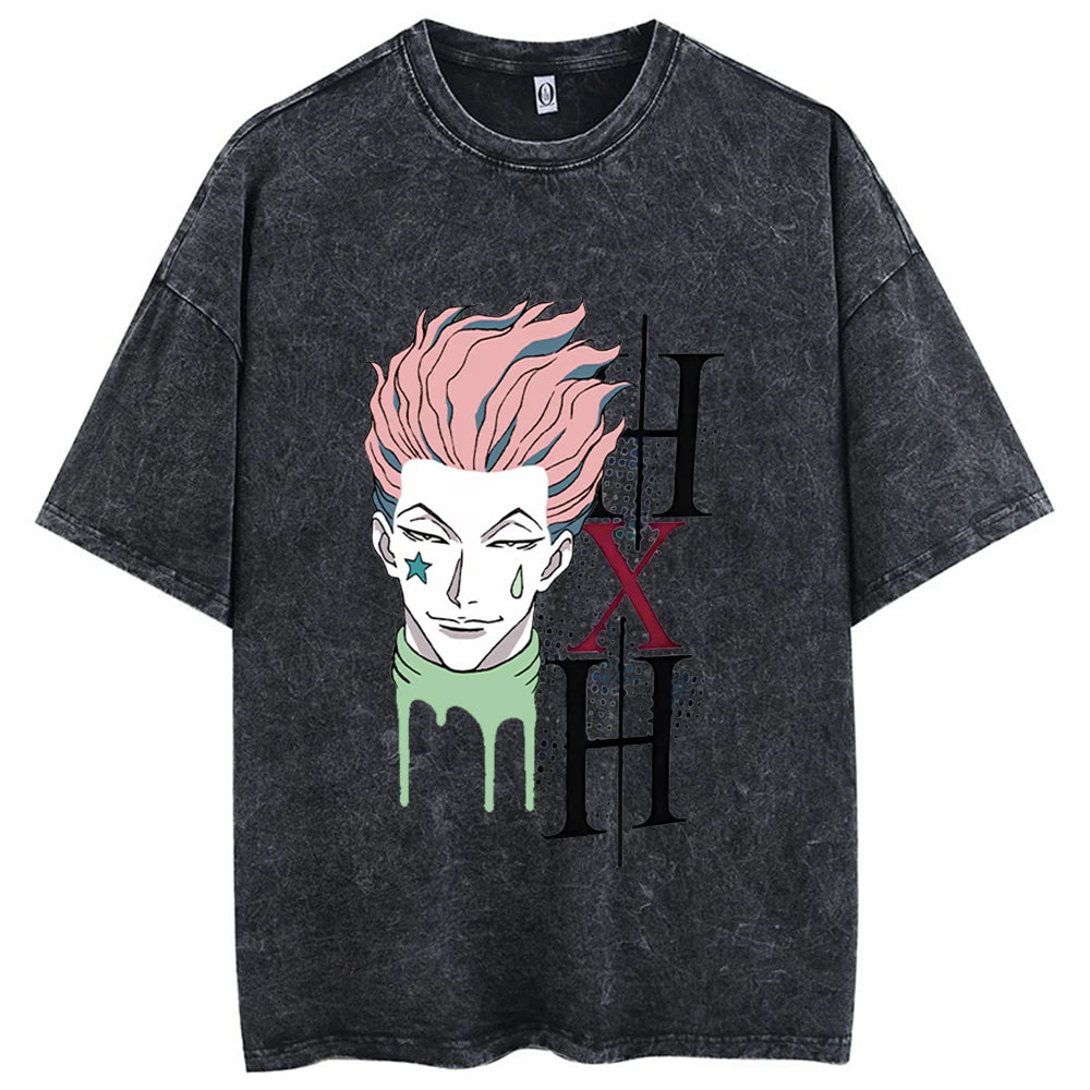 Anime Hunter x Hunter T Shirt Vintage Washed Phantom Troupe T-shirts Oversized Streetwear Manga Chrollo Lucilfer Tops Tees Man