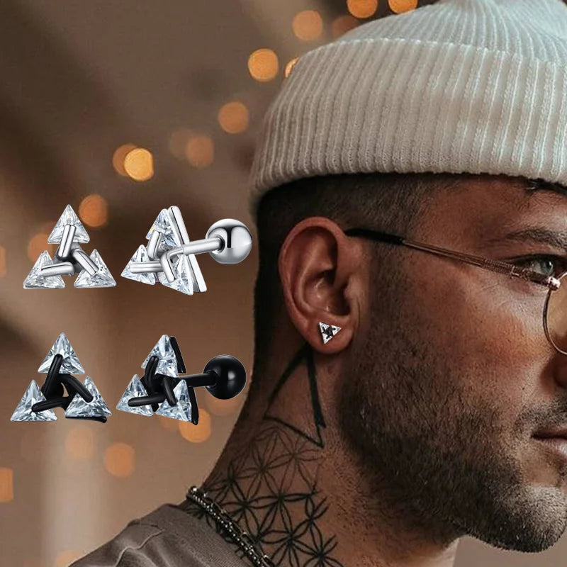 Men Stud Earring,Triangle Pierced Crystal Zircon Stud Earrings,Stainless Steel Tiny Minimalist Studs for Mens Women Jewelry
