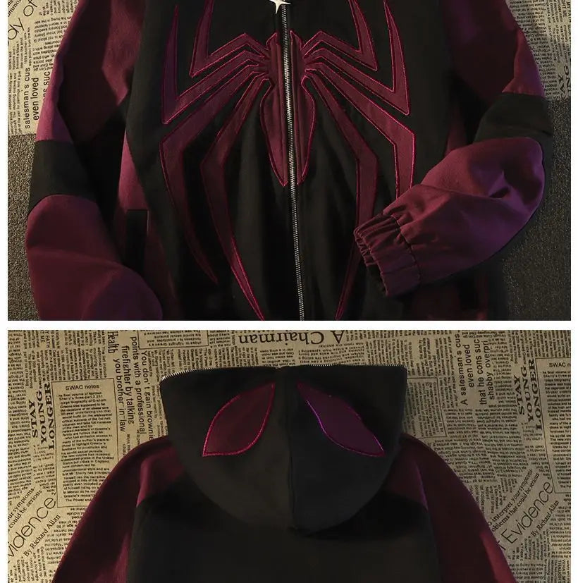 American High Street Spider Man Off Shoulder Sweatshirt Men and Women Retro Loose Oversized 150kg Couple Hooded Cardigan