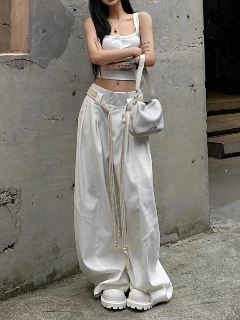 Y2K Casual Wide Leg Pants Women American High Street Fashion Sweatpants White Loose All Match Pleated Trousers Female New