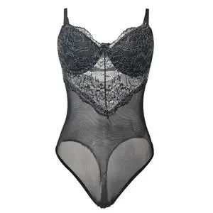 New Pure Color V-Neck Lace Trim Mesh See-through Sexy Back Fashionable Shapewear One-piece Underwear Women's Lingerie