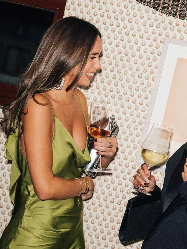 Elegant Green Satin Ruffles Sling Long Dress Women Sexy Backless Sleeveless Split Slim Dresses Lady 2025 New Party Club Vestidos