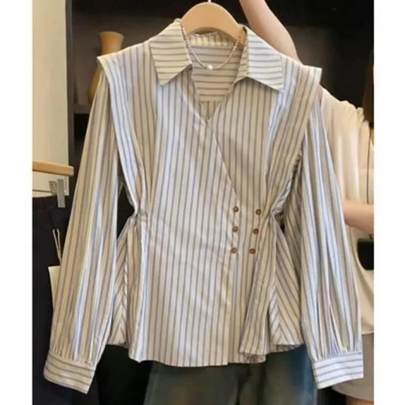 Elegant Slim Fit Long Sleeve Striped Shirt Design Spring Autumn Women Fashionable Waist Cinching Button up Casual Shirt