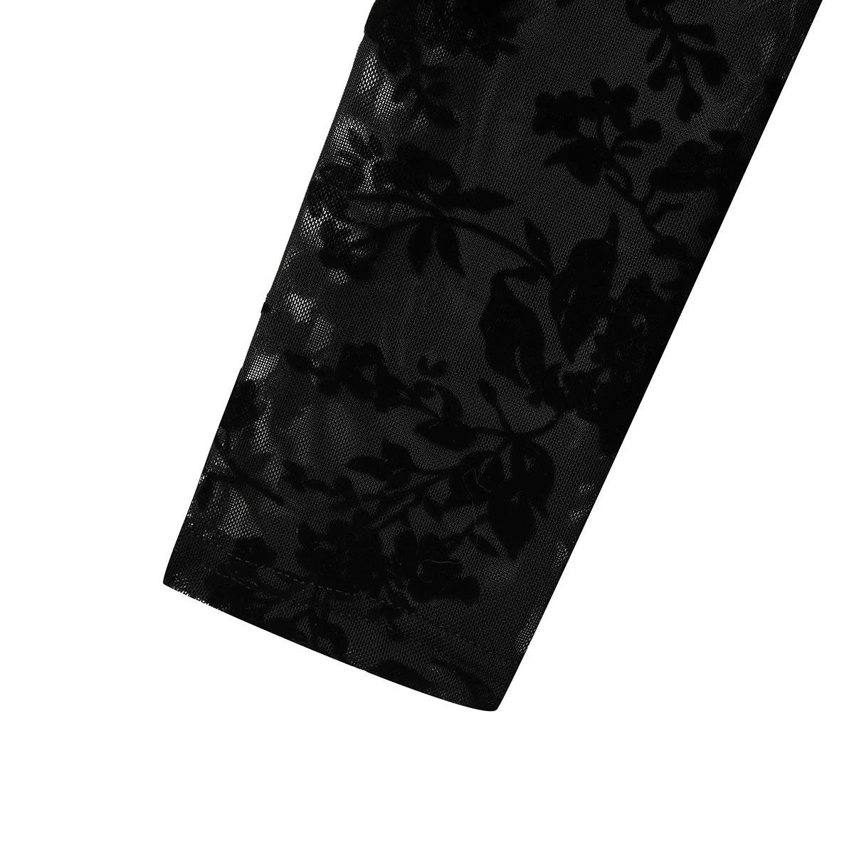 Sexy Women's Black Floral Flocking Sheer Mesh Mock Neck Long Sleeve Bodysuit