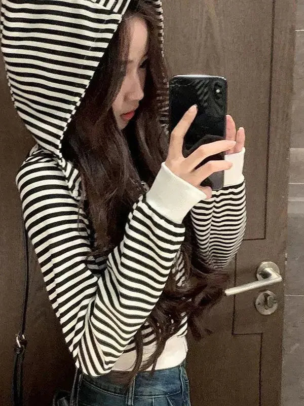 「MD」Demon Stripes Loose Short Coat for Women Spring Autumn Korean Sle Zipper Hoodie Cardigan Design Sense Top