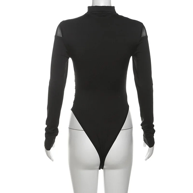 Goth Dark Hollouw Out Long Sleeve Skinny Bodysuit Women Y2K Grunge Mesh Patchwork Playsuits Mall Goth Fashion Street Bodysuits