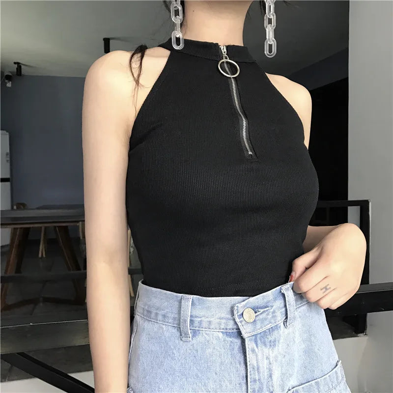 Retro Zipper Crop Tops Women Short Knitted Camisole Sleeveless Leisure Tank Top Camis Summer 2022 New