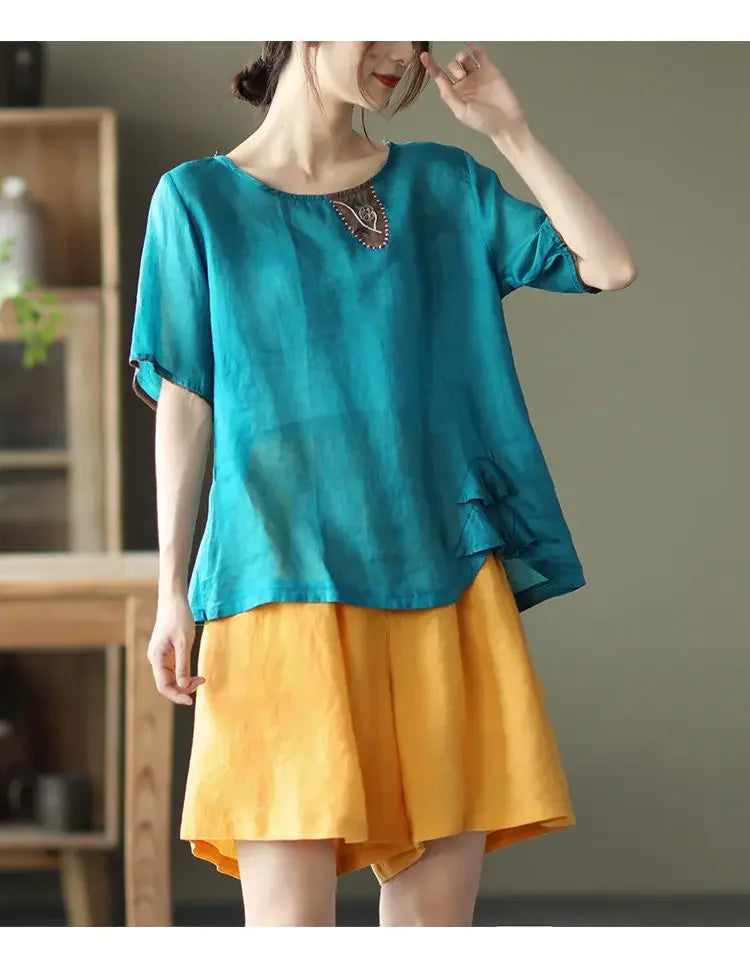 Vintageartistic High-waisted Slimming Cotton Linen Shorts For Women Casual Loose-fit Bell Bottoms 2024 New Style