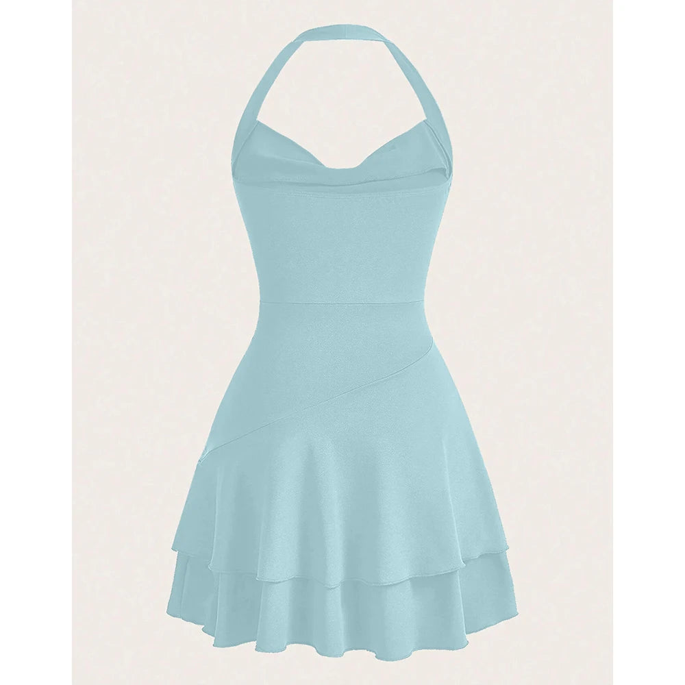 Mia Muse All Seasons Women's Dresses Elegant Basics Halter Neck Ruffle Pleated A Line Mini Dresses