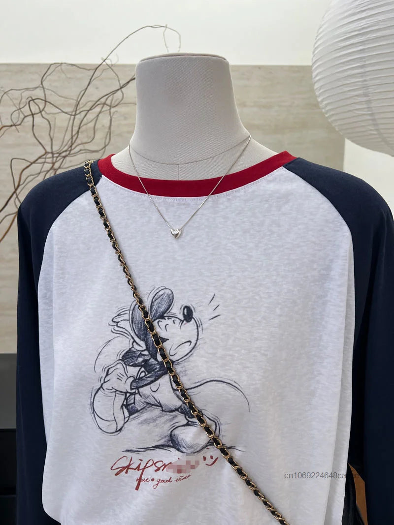 Cute Cartoon Mickey Mouse Long Sleeved T-shirt Korean Version Trend Simple Patchwork Tees Women's Autumn Slimming New Casual Top