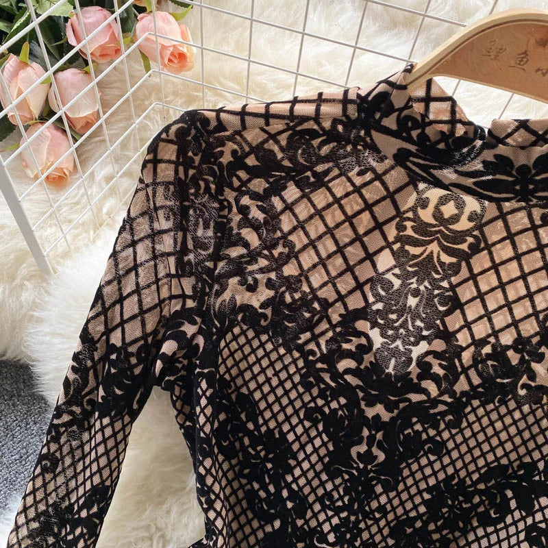 Autumn New Floral Print Bodysuit for Women Fashion Streetwear Elegant Stand Collar Long Sleeve Tight Fit Mesh Body Top Chic 2024