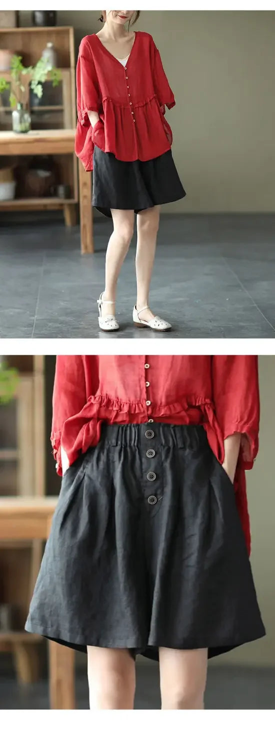 Vintageartistic High-waisted Slimming Cotton Linen Shorts For Women Casual Loose-fit Bell Bottoms 2024 New Style