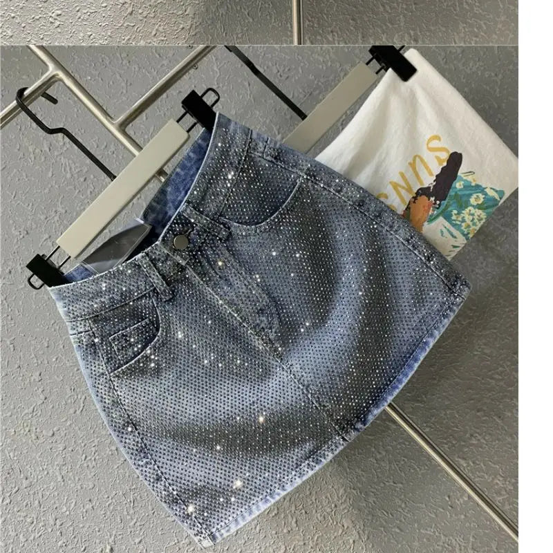 Heavy Industry Hot Drilling High-End Denim Skirt 2024 Spring And Summer New High Waist Pink Sexy A-Word Skirt
