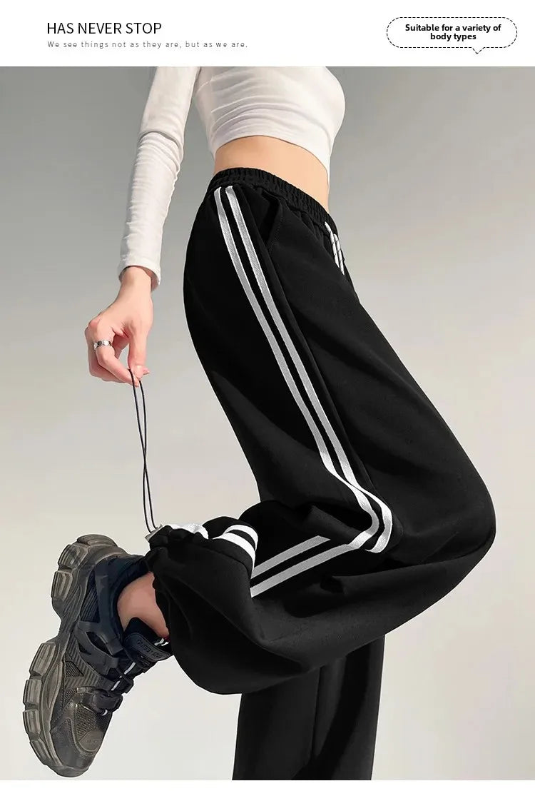 New 2025 American Stripe Sports Pants Women's Spring Autumn Wide Leg Loose Jazz Dance Casual Parachute Long Trousers