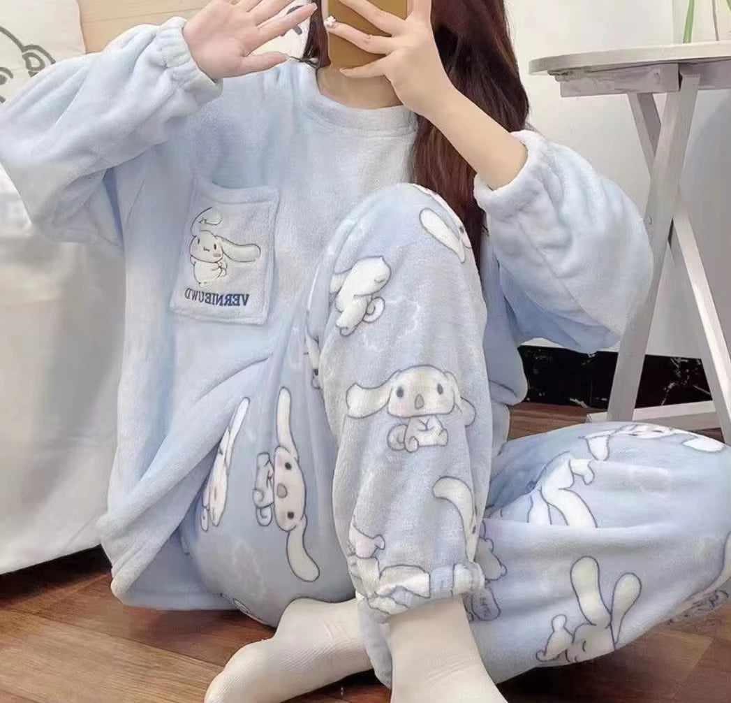 Sanrio Hello Kitty Flannel Pajamas Women Warm Plus Thicken Velvet Cartoon Casual Home Pants in Autumn Winter Fashion Pajamas