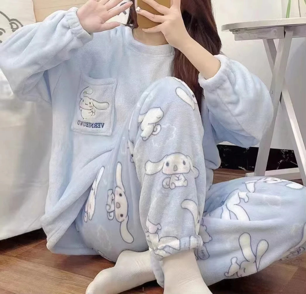 Sanrio Hello Kitty Flannel Pajamas Women Warm Plus Thicken Velvet Cartoon Casual Home Pants in Autumn Winter Fashion Pajamas
