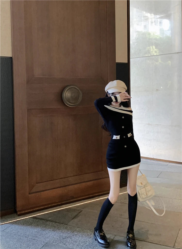 Hot Girl Off Shoulder Long-sleeved Knitted Dress Women's Autumn Fake Two-piece Shirts Spliced Sexy Wrapped Hip Short Dress