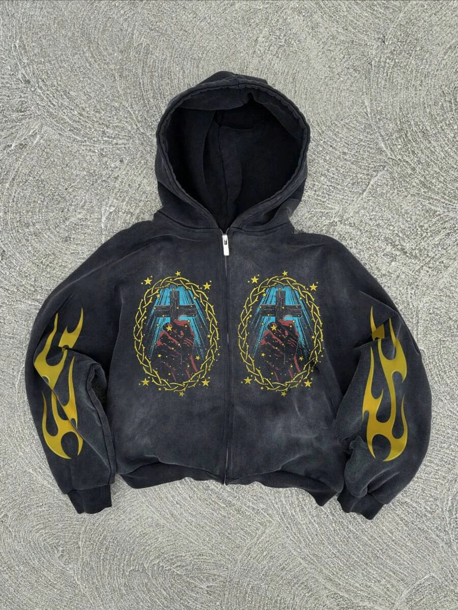 New Y2K American hip-hop retro monogrammed printed hoodie men clothing streetwear Harajuku jacket Gothic casual zip up hoodies