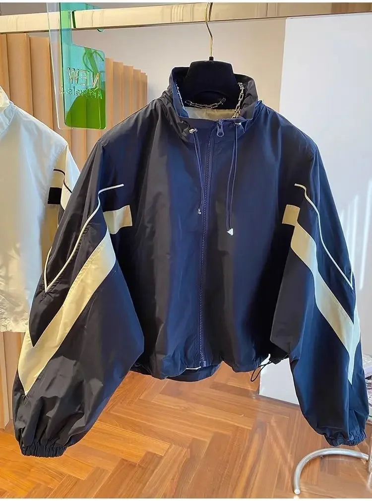 2024 New Design SensibilityNiche Loose-Fit Casual Drawstring Stand Collar Jacket Women's Spring Autumn Baseball Uniform