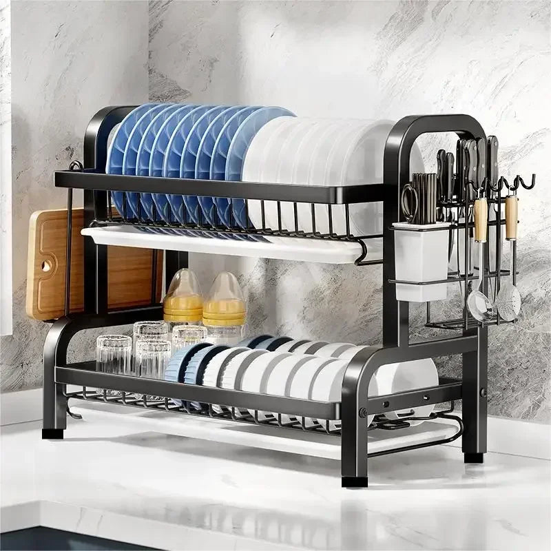 Kitchen 2nd floor storage cutlery and bowl rack set with cutlery rack, large anti rust cutlery drainage board