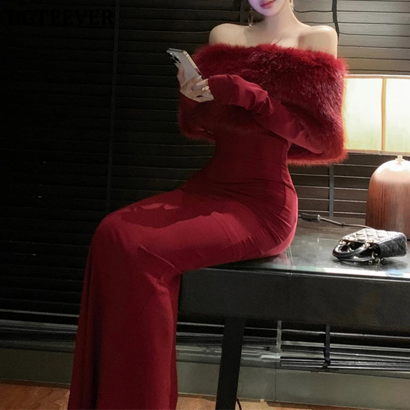 BGTEEVER Autumn Winter Fashion Slash Neck Ladies Skinny Package Hip Sweater Dress Elegant Long Sleeve Female Slim Knitted Dress