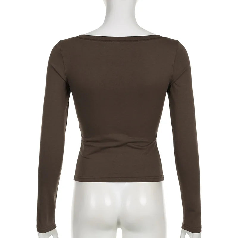 Black T-shirt Women Autumn Letter Print Streetwear Long Sleeves O-Neck Bodycon Sexy Top Button Fashion Casual Slim Tees Female