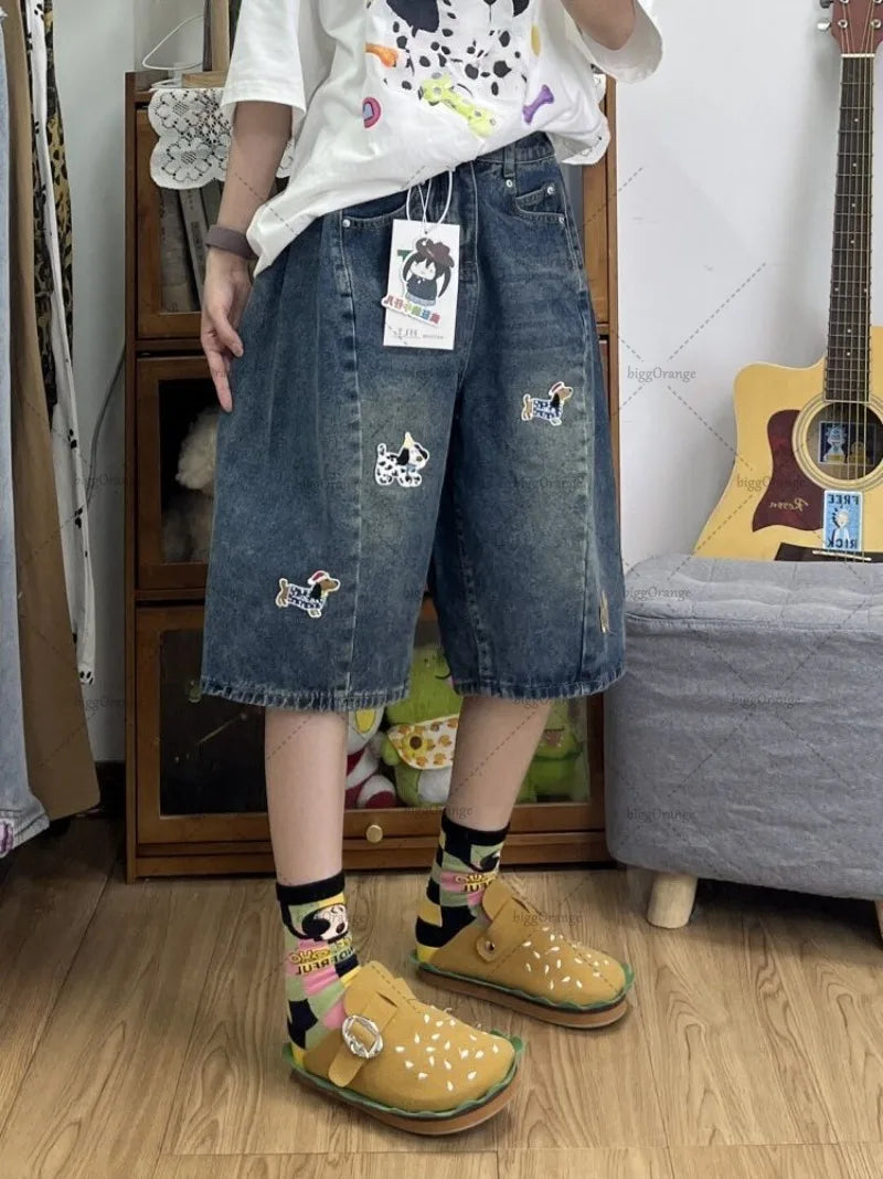Retro High Street American Puppy Embroidered High Waist Loose Fashionable Jeans Men Harajuku Casual Punk Straight Pants Women