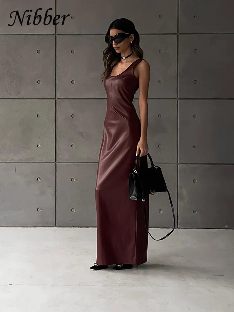 Nibber Vintage Elegant Dress Women Summer Leather Classic Sleeveless Slits Basic Simple Trend Solid Stretch Party Long Bodycon