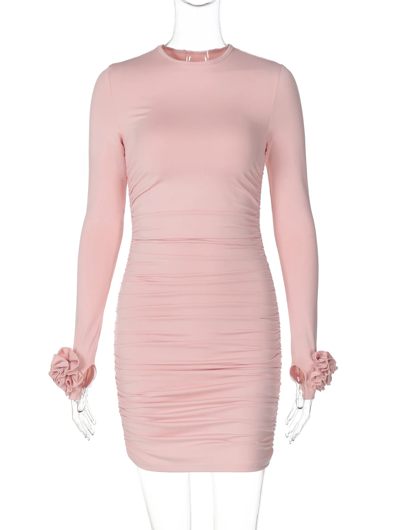 Hugcitar 2025 Elegant Solid Long Sleeve Tie Flowers Sexy Bodycon Pleated Mini Dress Spring Women Outfits Birthday Party Festival