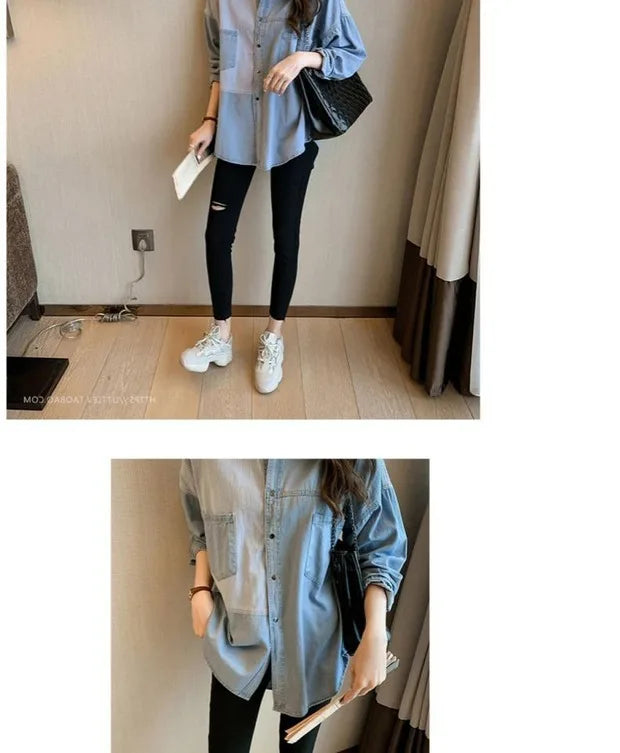 Womens' Splicing Striped Shirt Fashion Spring Autumn Versatile Thin Outerwears Korean Fashion Loose Blue Denim Jackets