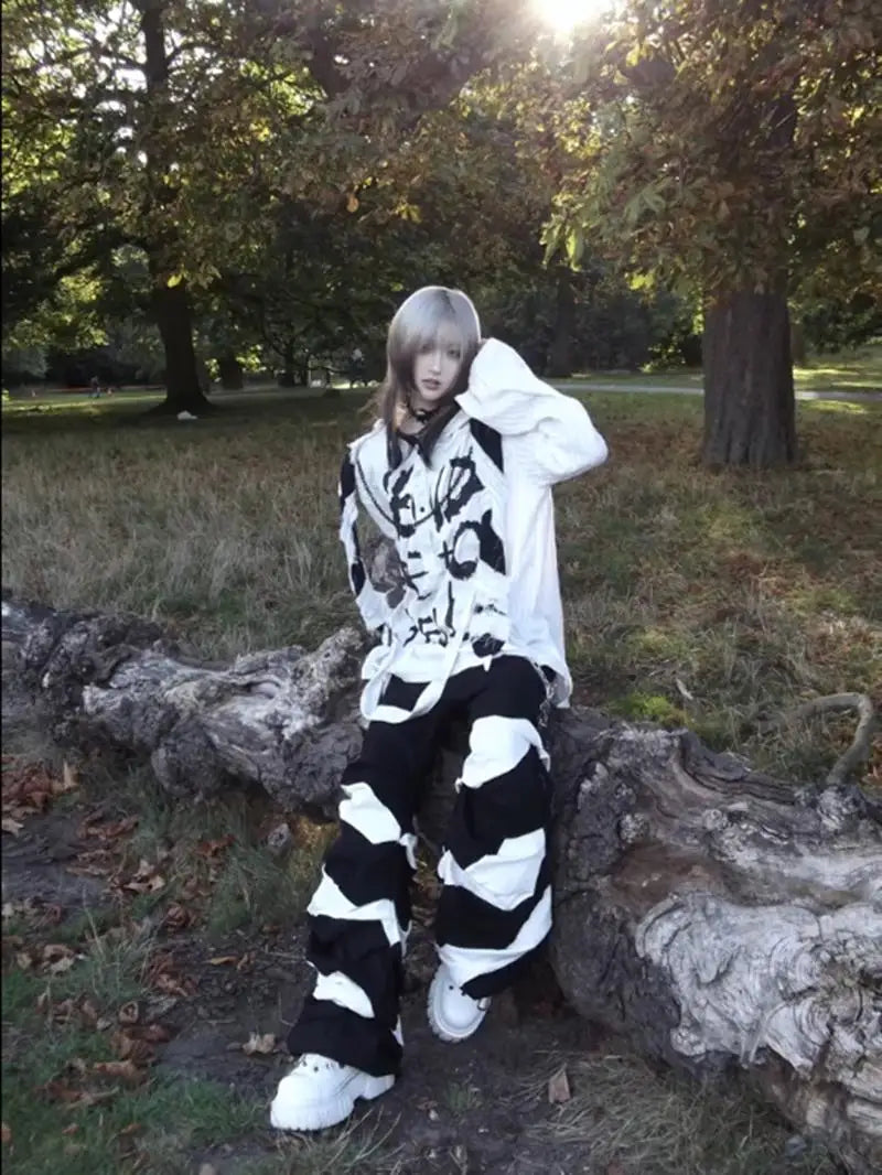Punk Handwritten Hoodie Sweatirt fiti Print Adjustable Strap Youth Faion Loose Fit Polyester Spring Autumn ex