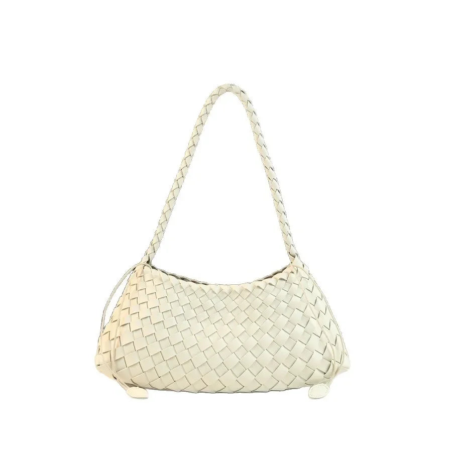 Handcrafted Woven Shoulder Crossbody Bag Simple Casual Ladies Handbag Underarm Bag Fashion Crescent Soft PU Leather Handbag