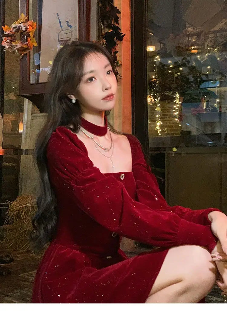 Women's Slim Fit A-line Velvet Dress, Christmas Clothes, Square Collar, Long-sleeved, Red, Sweet, Hot Girl, Autumn Winter