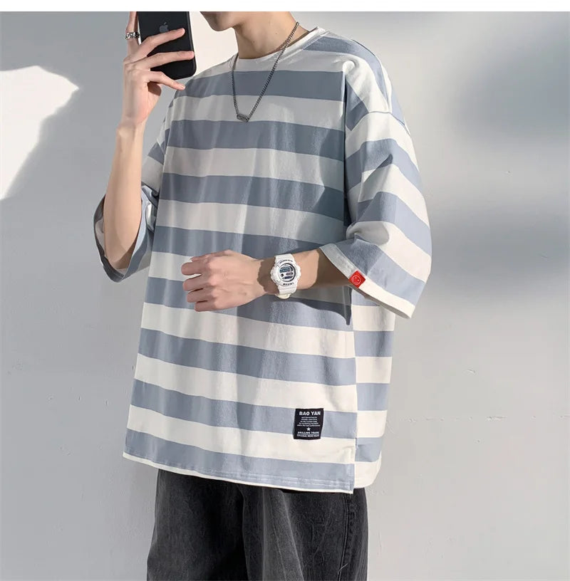 Men's Cotton T-shirt Striped Mens Oversized T Shirts Split Hem Fashion Tee Shirts Casual Wear Summer Tshirt 5XL Big Size for Man