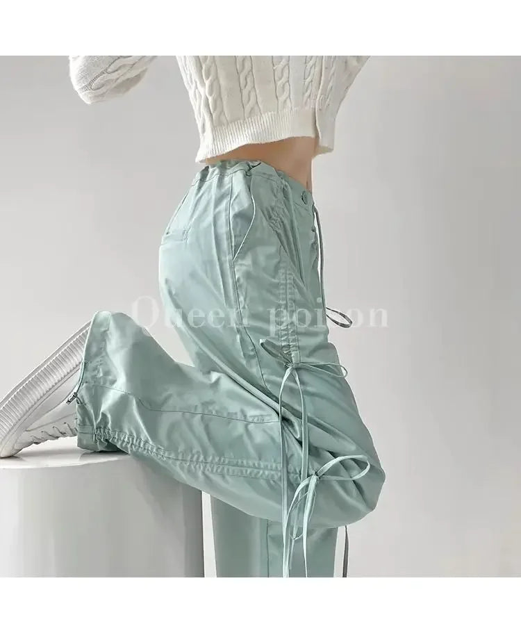 American Style Women's Summer Cargo Pants With Bowmint Green Drawstring Casual Bell Bottoms New 2024 Fashion Trend Long Pants