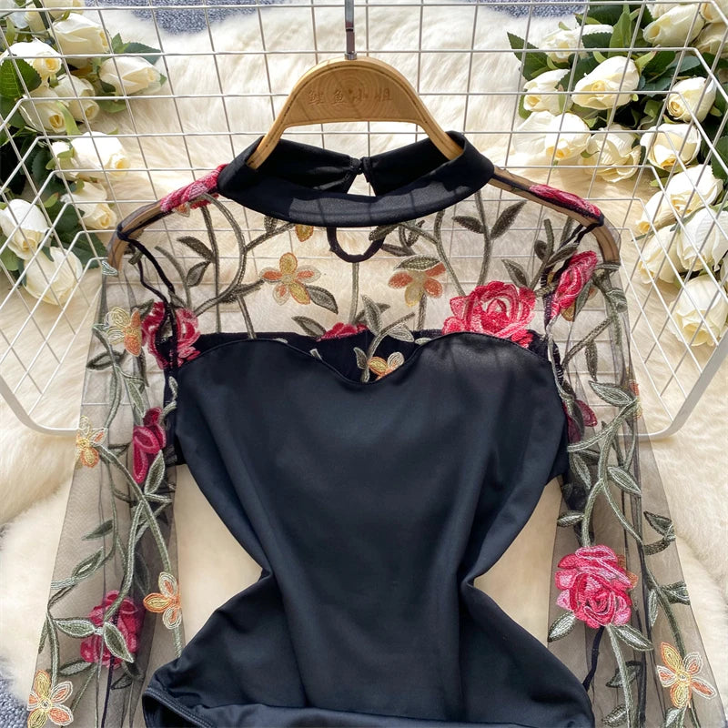 Women's Black Gothic Vintage Jumpsuits Y2k Harajuku Embroidery Overalls Korean Aesthetic 2000s Exotic Sexy Mesh Rompers Clothes